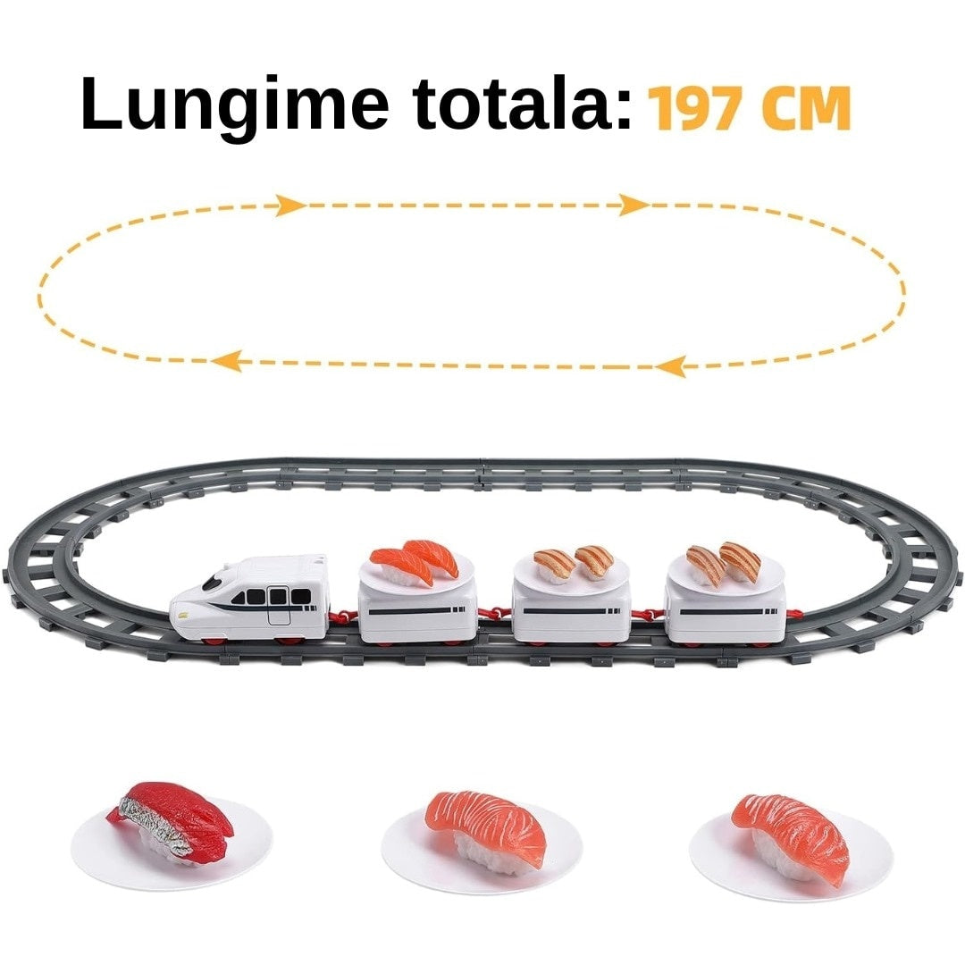Trenulet electric pentru servit sushi, locomotivă + 3 vagoane, 6 tăvi și 12 șine, circuit 197 cm