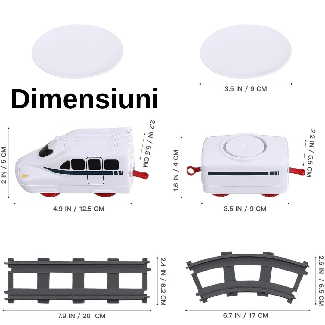 Trenulet electric pentru servit sushi, locomotivă + 3 vagoane, 6 tăvi și 12 șine, circuit 197 cm