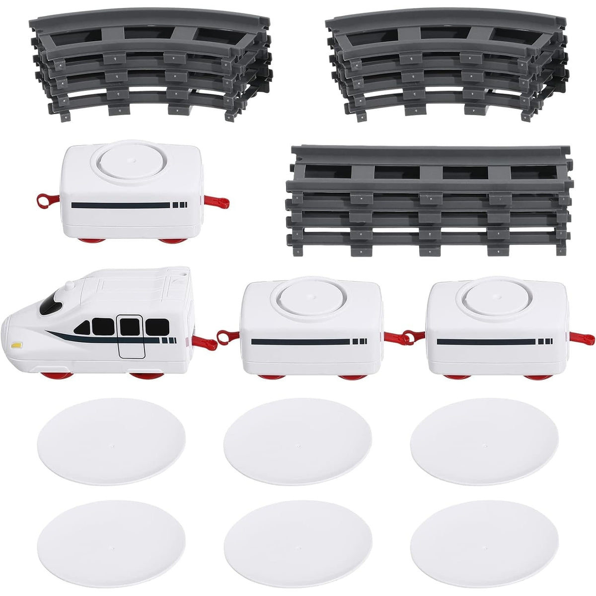 Trenulet electric pentru servit sushi, locomotivă + 3 vagoane, 6 tăvi și 12 șine, circuit 197 cm
