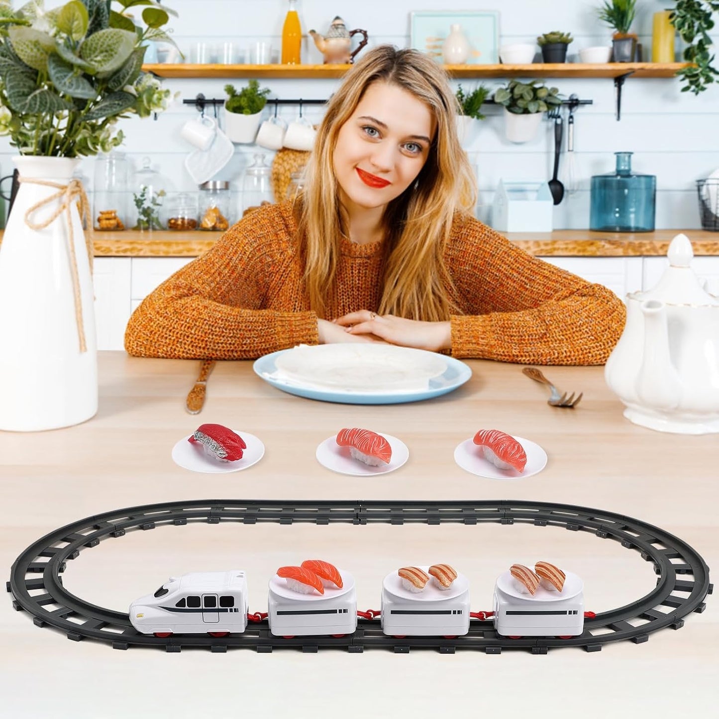 Trenulet electric pentru servit sushi, locomotivă + 3 vagoane, 6 tăvi și 12 șine, circuit 197 cm