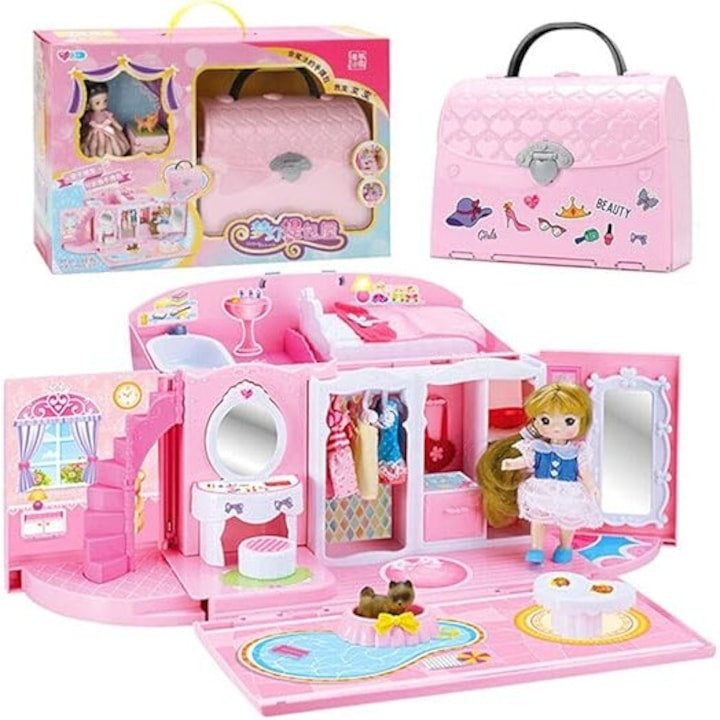 Căsuță de păpuși transformabilă în geantă, portabilă, cu accesorii, pentru joc creativ