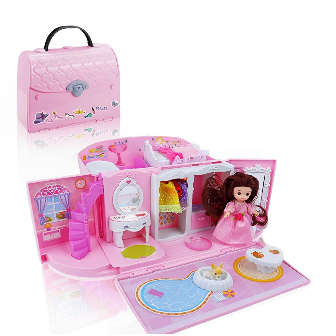 Căsuță de păpuși transformabilă în geantă, portabilă, cu accesorii, pentru joc creativ