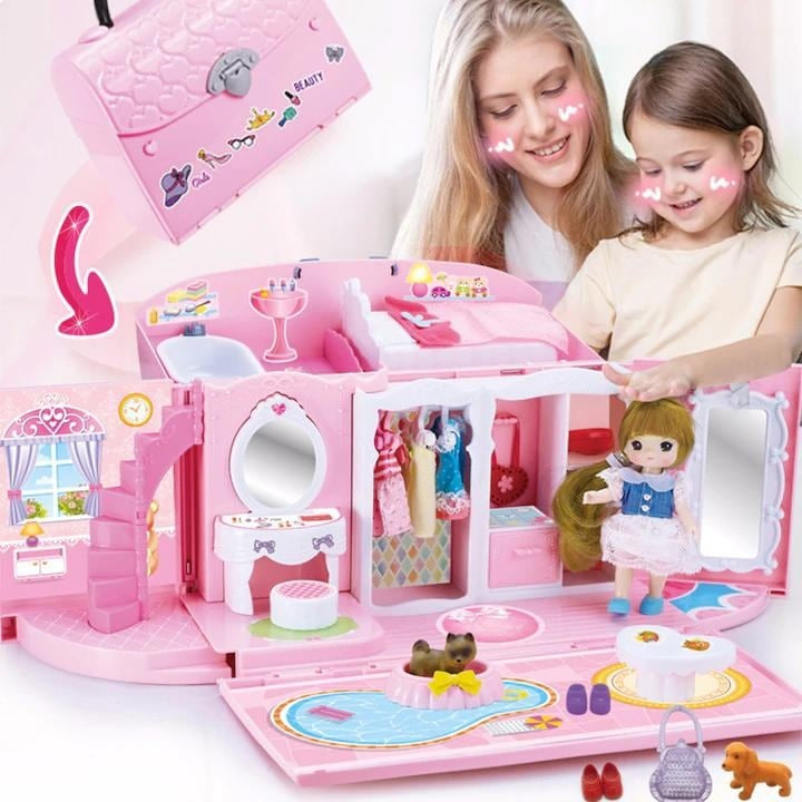 Căsuță de păpuși transformabilă în geantă, portabilă, cu accesorii, pentru joc creativ