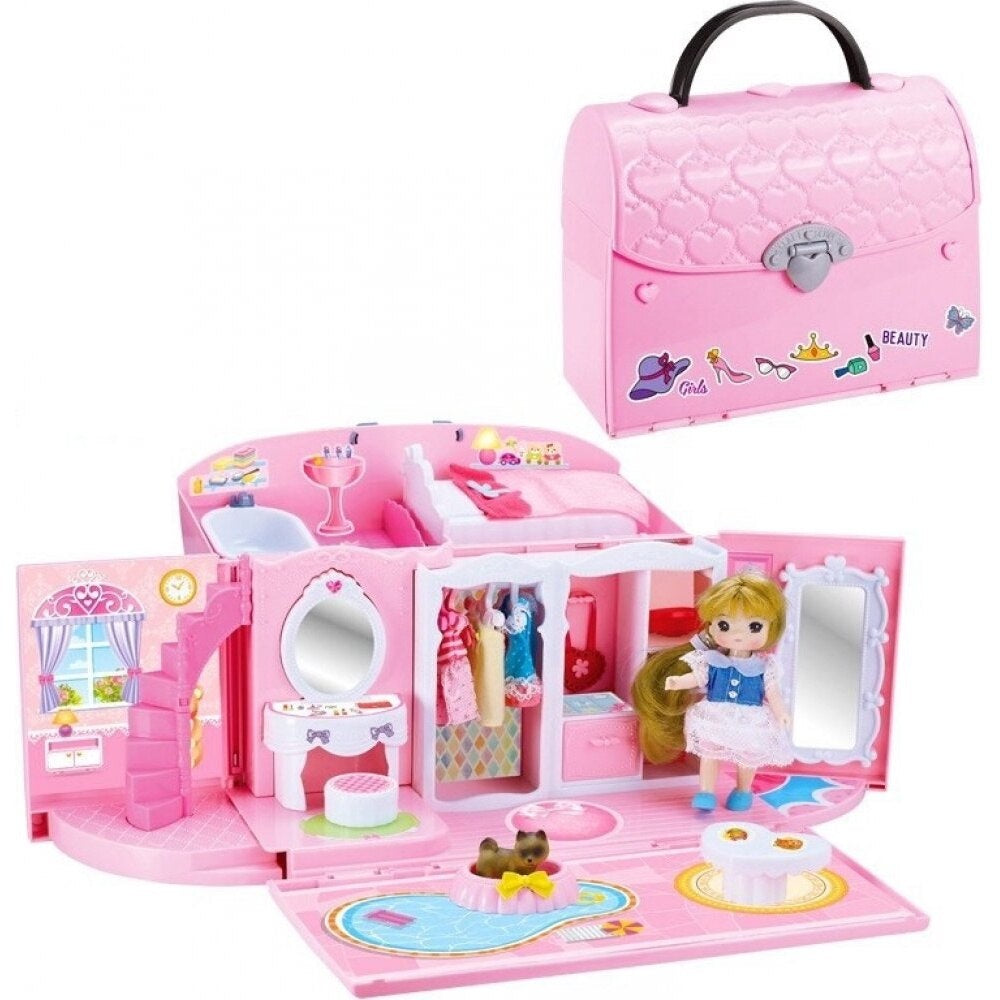 Căsuță de păpuși transformabilă în geantă, portabilă, cu accesorii, pentru joc creativ