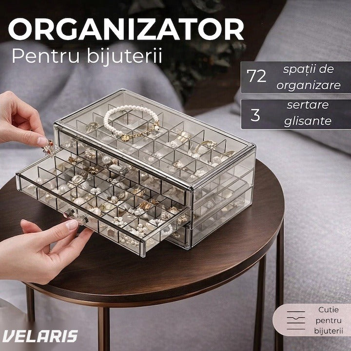 Cutie depozitare bijuterii, transparentă, 3 sertare, 72 compartimente, 24×13,5×11 cm