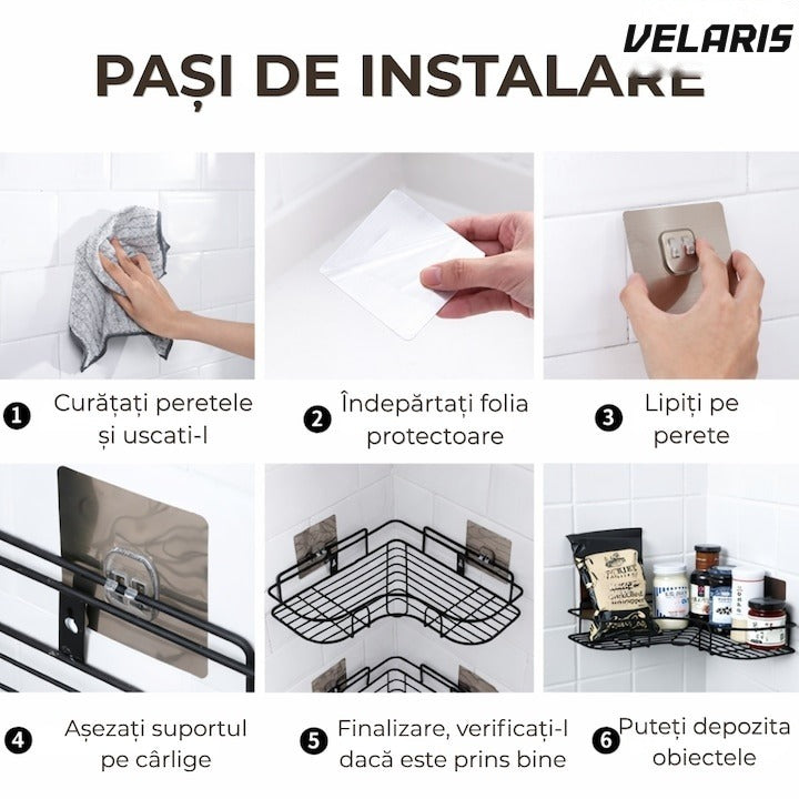 Raft de duș triunghiular, montat pe perete, organizator baie și bucătărie, instalare ușoară