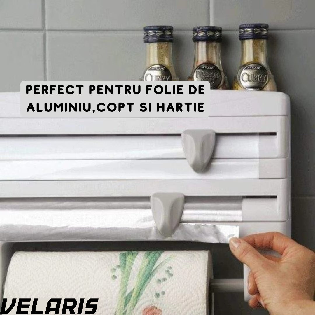 Dispenser triplu de bucătărie pentru folie, prosop de hârtie și folie aluminiu