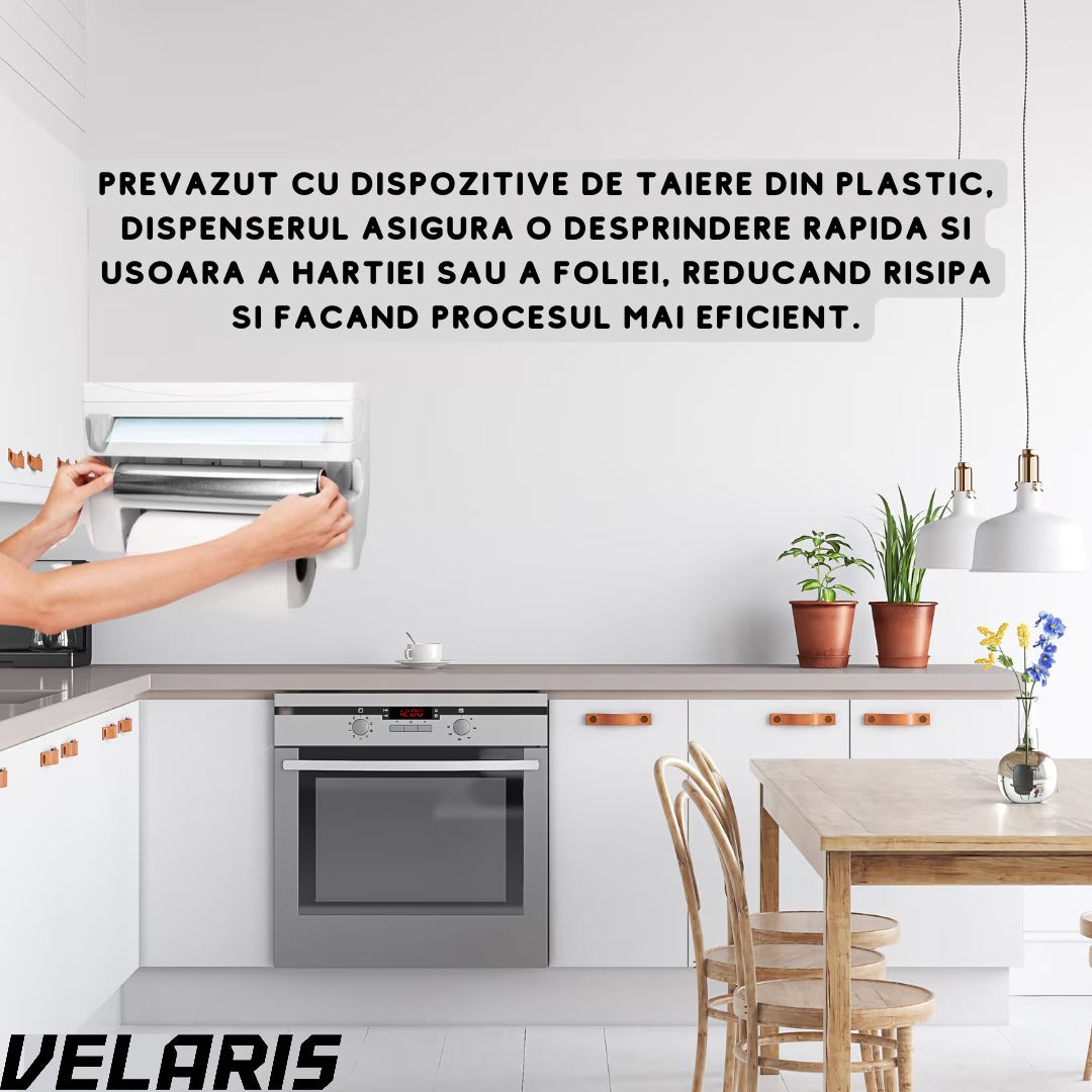 Dispenser triplu de bucătărie pentru folie, prosop de hârtie și folie aluminiu