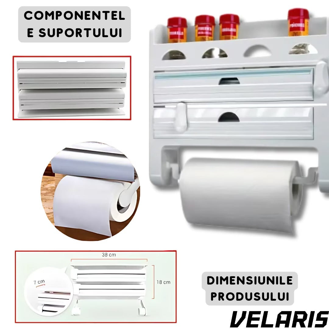 Dispenser triplu de bucătărie pentru folie, prosop de hârtie și folie aluminiu