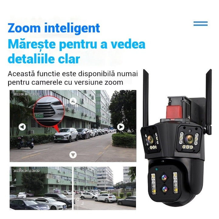 Cameră supraveghere WiFi tripla 4MP IP66 rotire inteligentă zoom 4X viziune noapte color