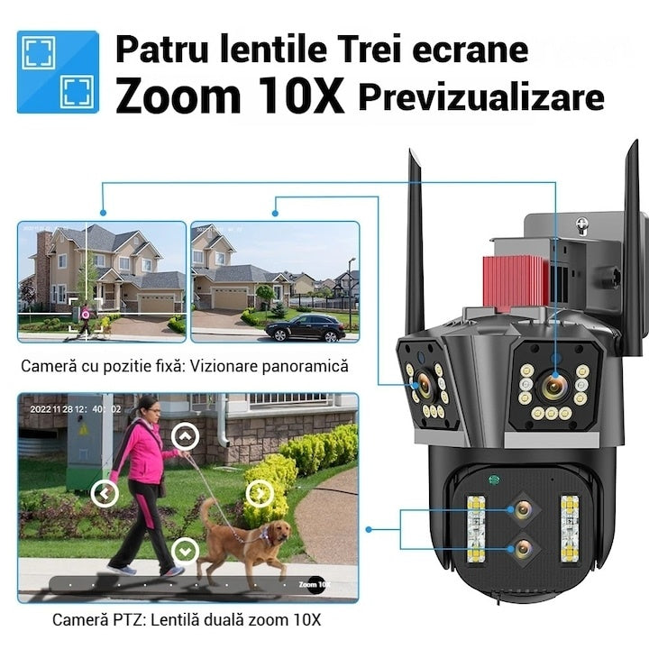 Cameră supraveghere WiFi tripla 4MP IP66 rotire inteligentă zoom 4X viziune noapte color
