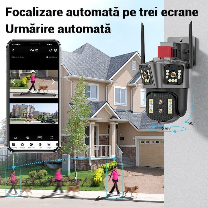 Cameră supraveghere WiFi tripla 4MP IP66 rotire inteligentă zoom 4X viziune noapte color