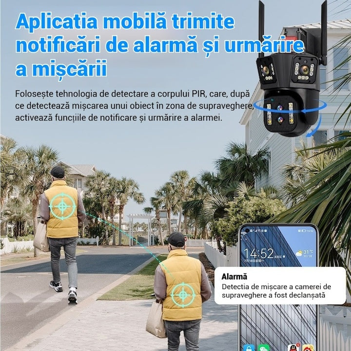 Cameră supraveghere WiFi tripla 4MP IP66 rotire inteligentă zoom 4X viziune noapte color