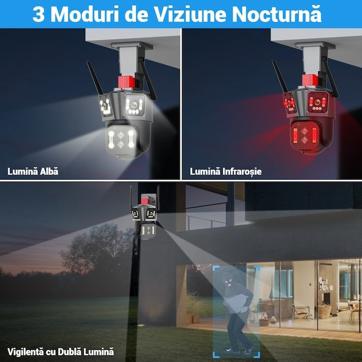 Cameră supraveghere WiFi tripla 4MP IP66 rotire inteligentă zoom 4X viziune noapte color