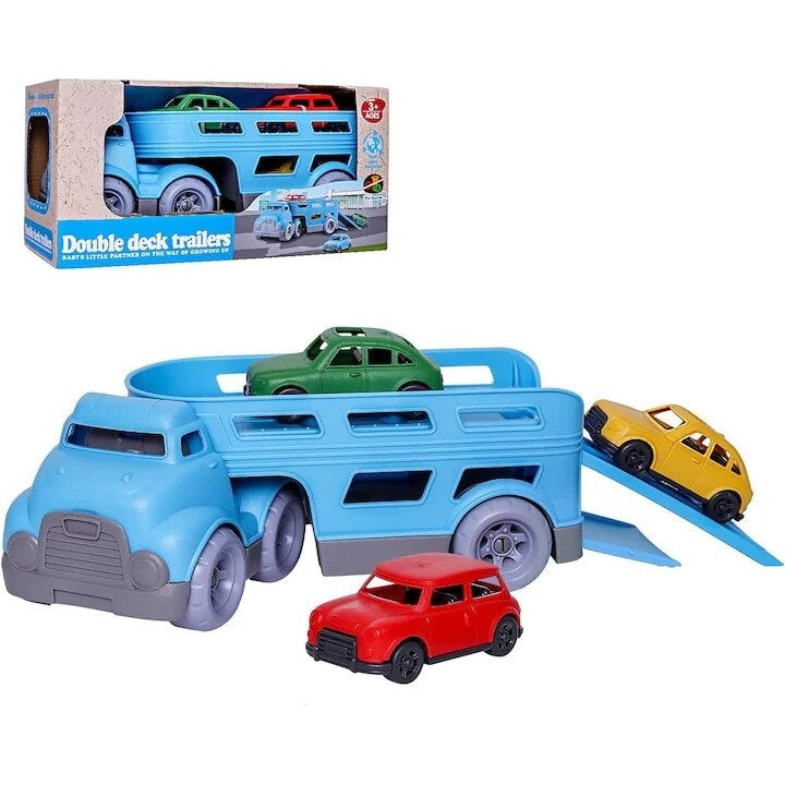 Set Camion Remorcă cu 3 Mașini, Albastru, Plastic, 3+ Ani