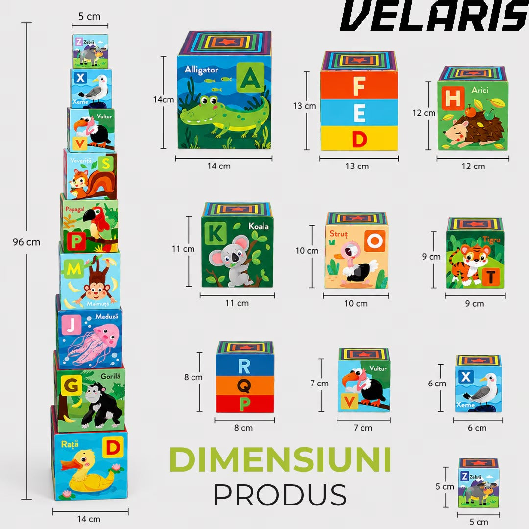 Turn Montessori cu 10 cuburi joc educativ, creativ, invatarea alfabetului
