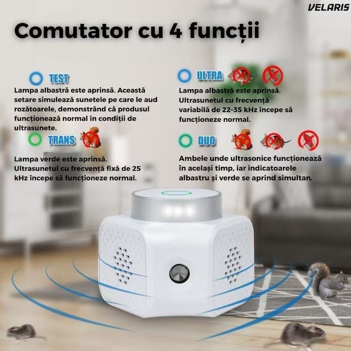Aparat anti-daunători ultrasonic 360°, 120 m², dual 22-35/25 kHz, sigur animale
