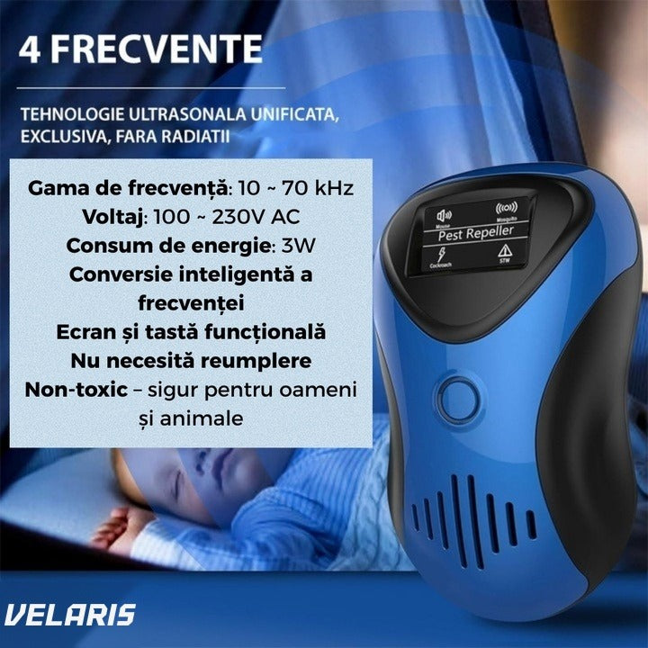 Aparat anti-dăunători cu ultrasunete, afișaj LED, 10-70kHz, 3W, non-toxic