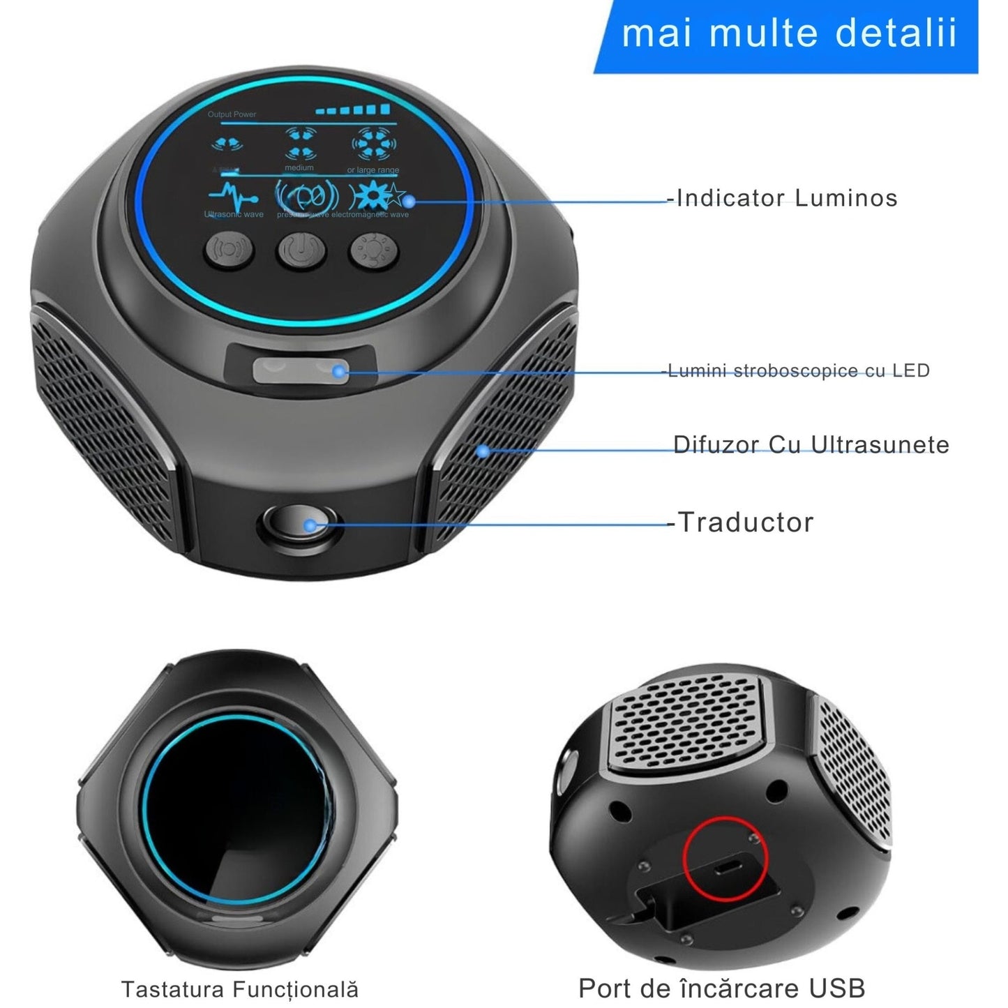 Aparat ultrasonic anti-rozatoare si insecte, 300 m², 3 niveluri, 360°, negru