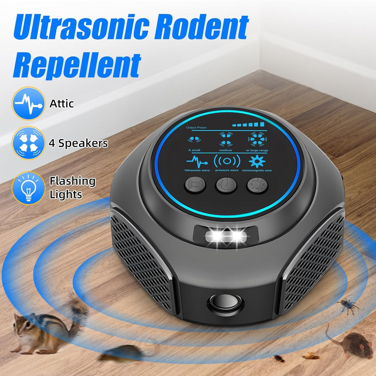 Aparat ultrasonic anti-rozatoare si insecte, 300 m², 3 niveluri, 360°, negru