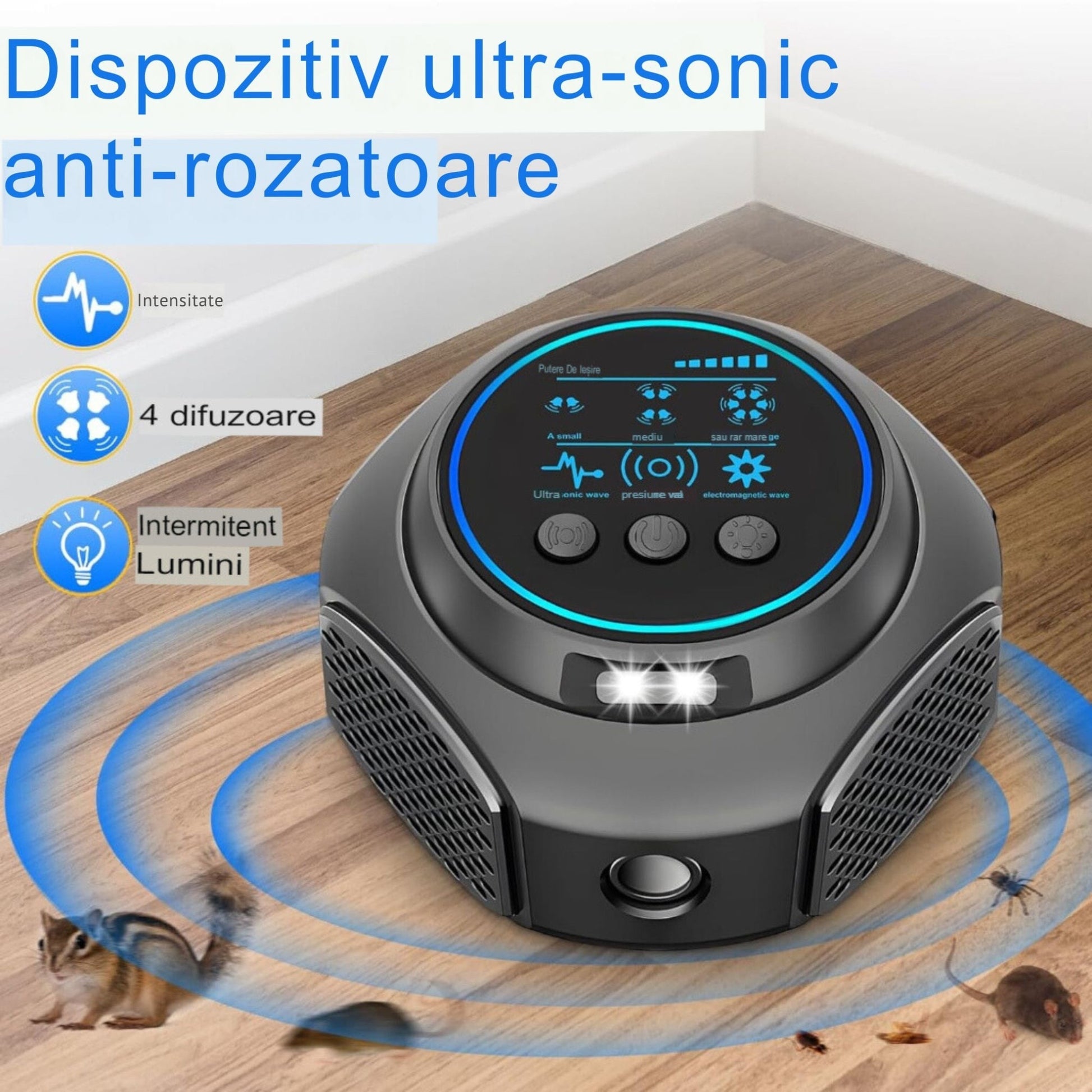 Aparat ultrasonic anti-rozatoare si insecte, 300 m², 3 niveluri, 360°, negru