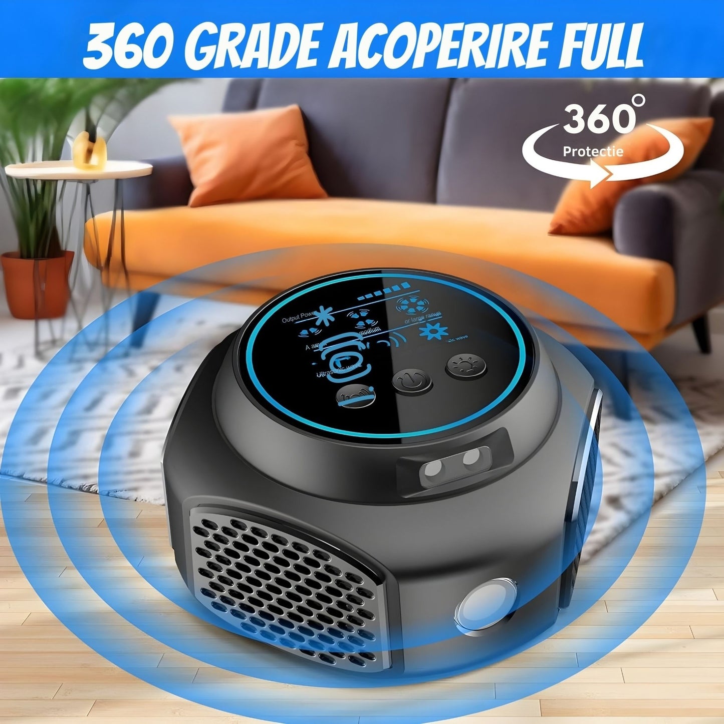 Aparat ultrasonic anti-rozatoare si insecte, 300 m², 3 niveluri, 360°, negru