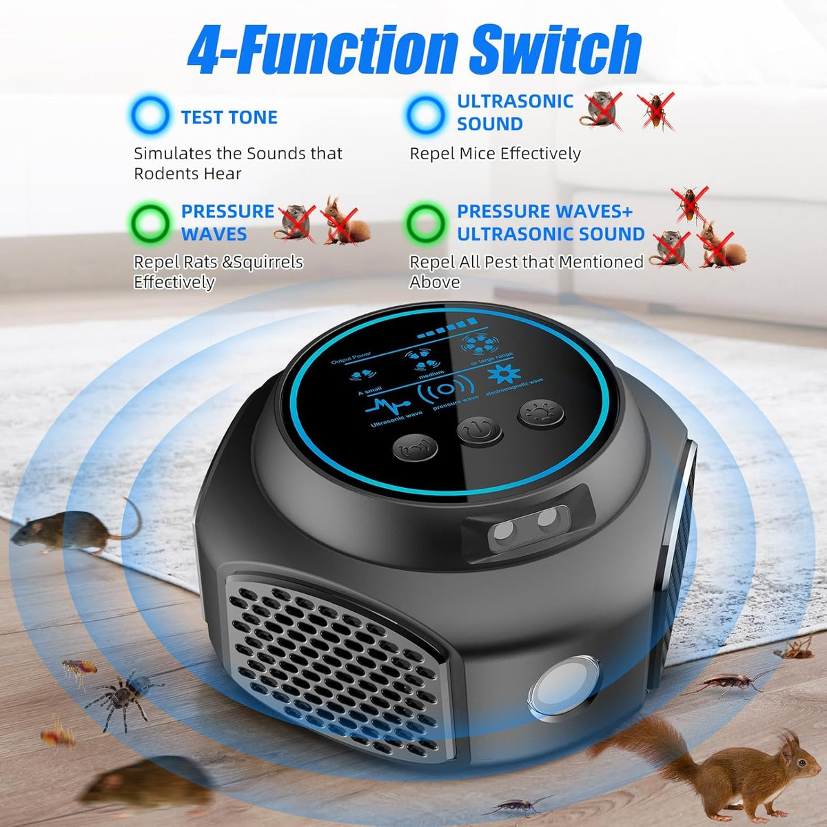 Aparat ultrasonic anti-rozatoare si insecte, 300 m², 3 niveluri, 360°, negru