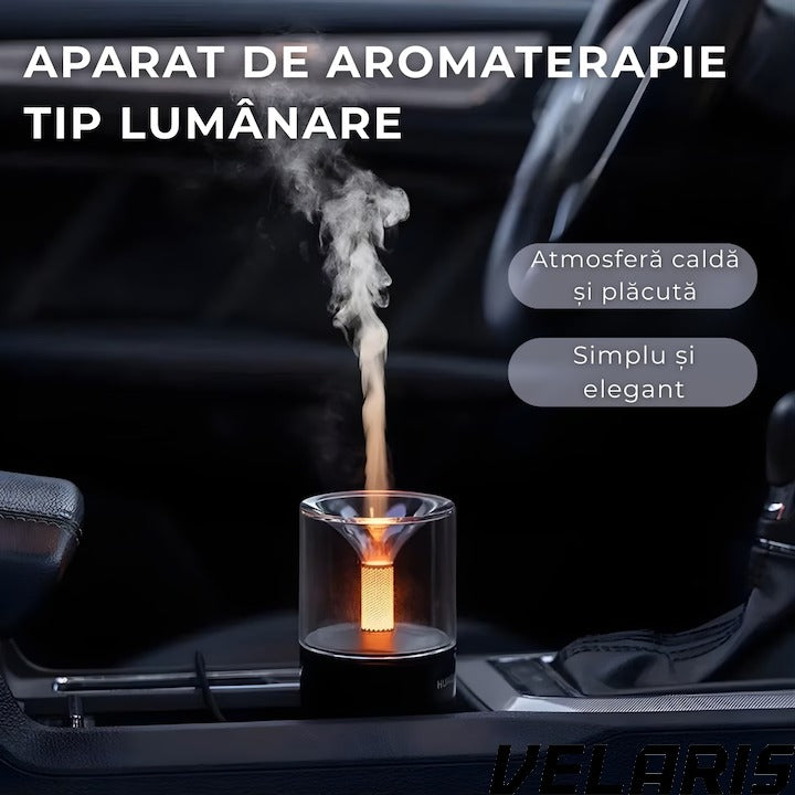 Umidificator Aromaterapie cu Efect Flacara Tip Lumanare 250 ml Portabil USB cu Oprire Automata Pulverizare Arome LED Ambiental pentru Dormitor Bucatarie Masina