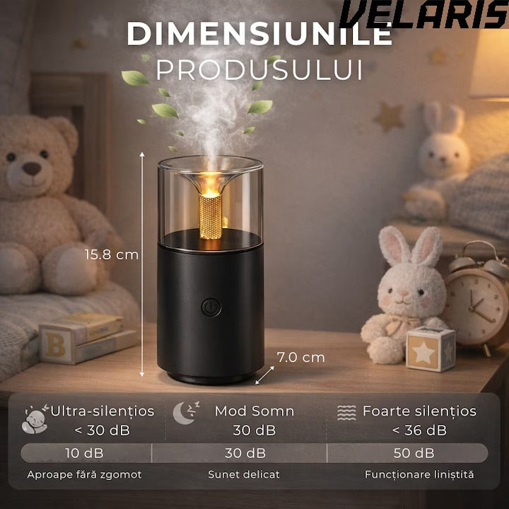 Umidificator Aromaterapie cu Efect Flacara Tip Lumanare 250 ml Portabil USB cu Oprire Automata Pulverizare Arome LED Ambiental pentru Dormitor Bucatarie Masina