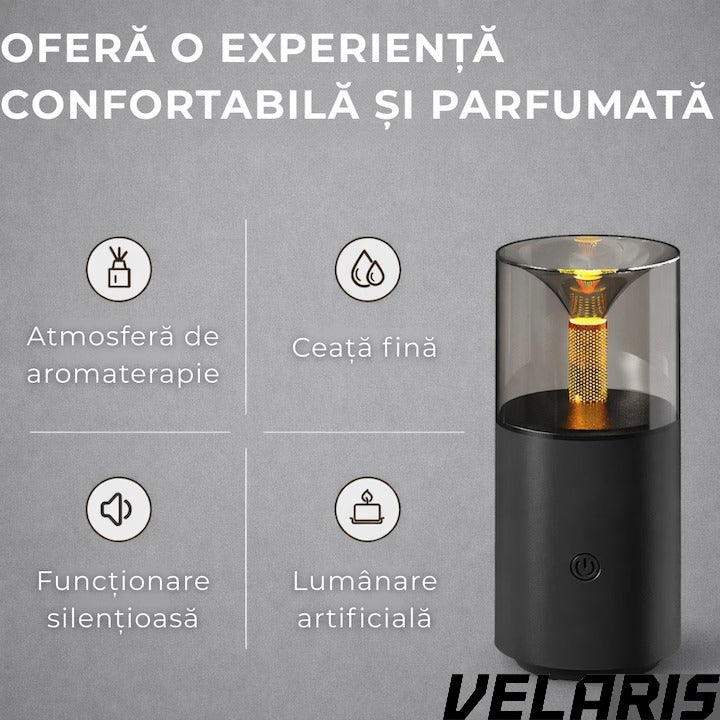 Umidificator Aromaterapie cu Efect Flacara Tip Lumanare 250 ml Portabil USB cu Oprire Automata Pulverizare Arome LED Ambiental pentru Dormitor Bucatarie Masina