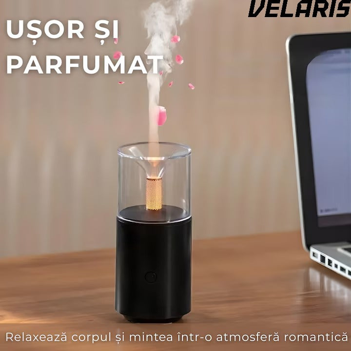 Umidificator Aromaterapie cu Efect Flacara Tip Lumanare 250 ml Portabil USB cu Oprire Automata Pulverizare Arome LED Ambiental pentru Dormitor Bucatarie Masina
