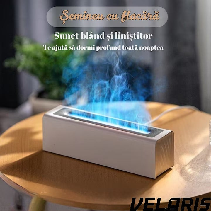 Umidificator de aer inteligent 3D cu efect de flacara, aromaterapie, rezervor 200 ml, LED multicolor, silentios, portabil USB, cu telecomanda si 3 moduri de functionare, Alb