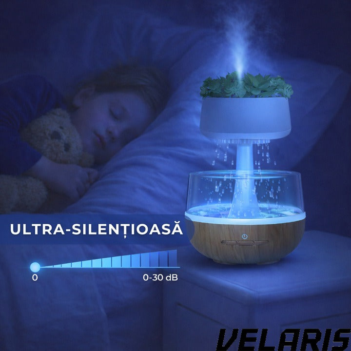 Umidificator decorativ cu efect de ploaie tip nor cu LED 7 culori sunet ploaie si element vegetal artificial, 0.3L, Cablu USB