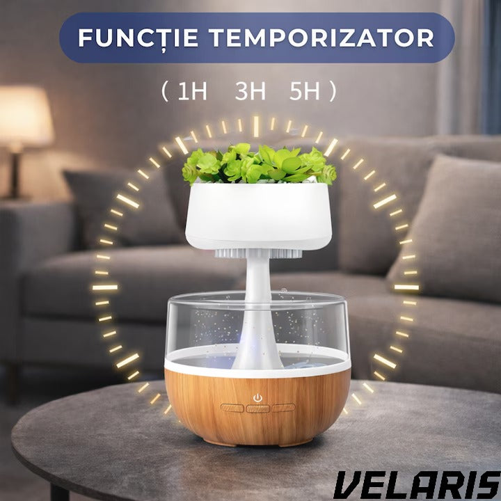 Umidificator decorativ cu efect de ploaie tip nor cu LED 7 culori sunet ploaie si element vegetal artificial, 0.3L, Cablu USB
