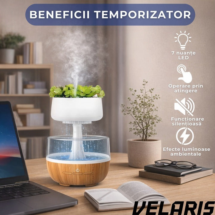 Umidificator decorativ cu efect de ploaie tip nor cu LED 7 culori sunet ploaie si element vegetal artificial, 0.3L, Cablu USB