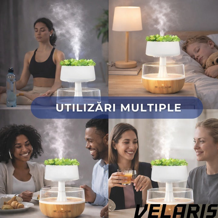 Umidificator decorativ cu efect de ploaie tip nor cu LED 7 culori sunet ploaie si element vegetal artificial, 0.3L, Cablu USB