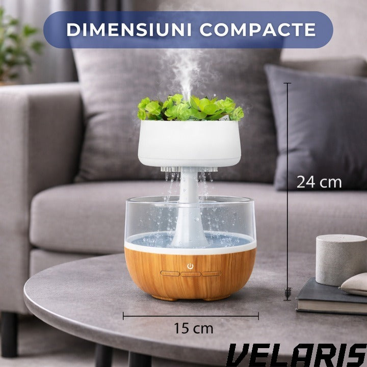 Umidificator decorativ cu efect de ploaie tip nor cu LED 7 culori sunet ploaie si element vegetal artificial, 0.3L, Cablu USB