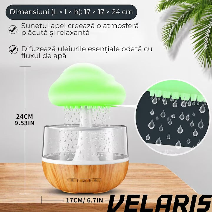 Umidificator si Difuzor Aromaterapie Nor de Ploaie, 7 Culori LED, Sunet Relaxant, USB, 400 ml