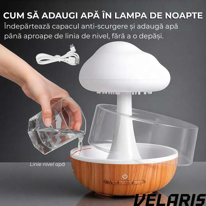 Umidificator si Difuzor Aromaterapie Nor de Ploaie, 7 Culori LED, Sunet Relaxant, USB, 400 ml