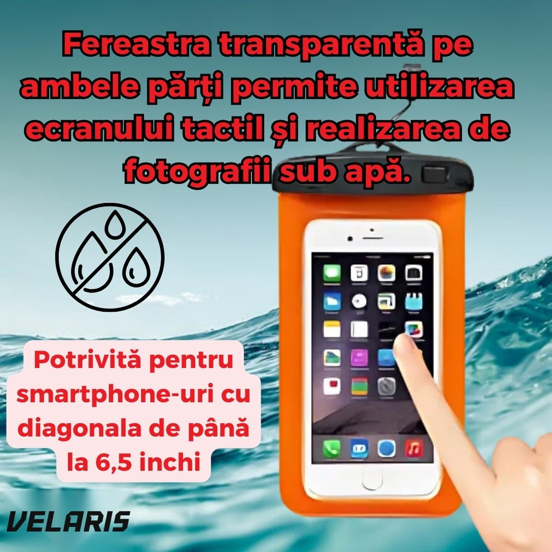Husa telefon subacvatica, transparent portocaliu, impermeabila pana la 6,7 inch, cu snur