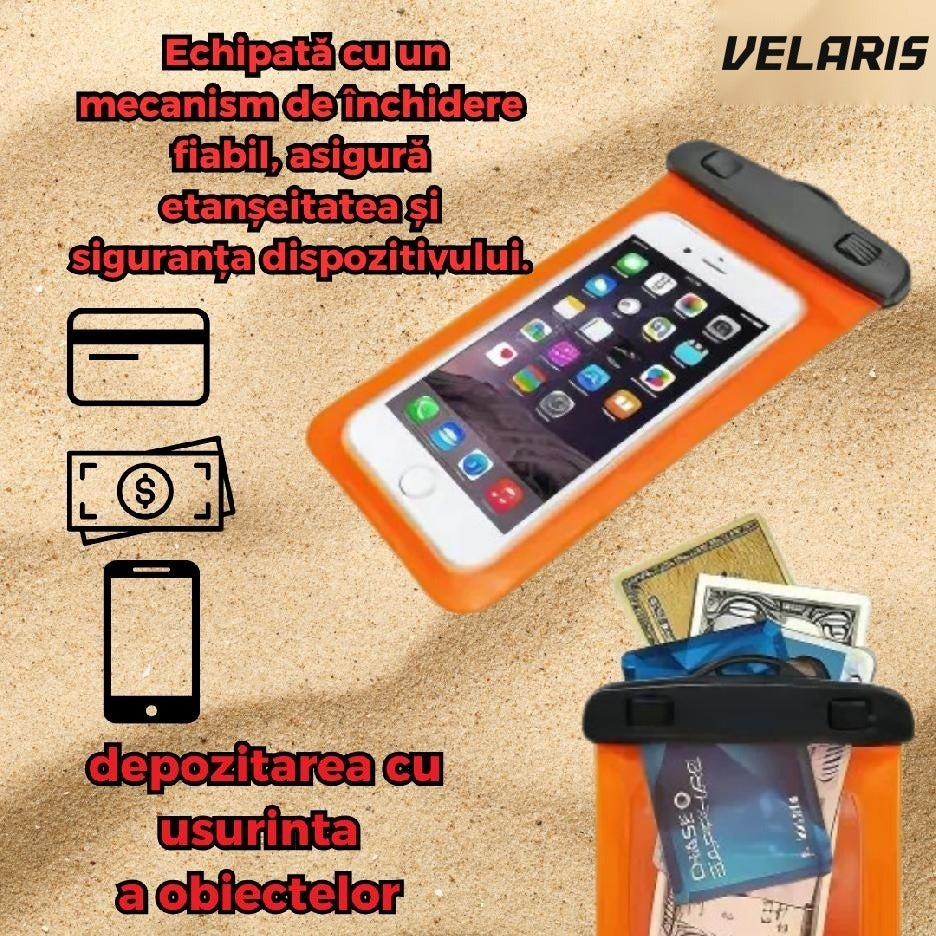 Husa telefon subacvatica, transparent portocaliu, impermeabila pana la 6,7 inch, cu snur