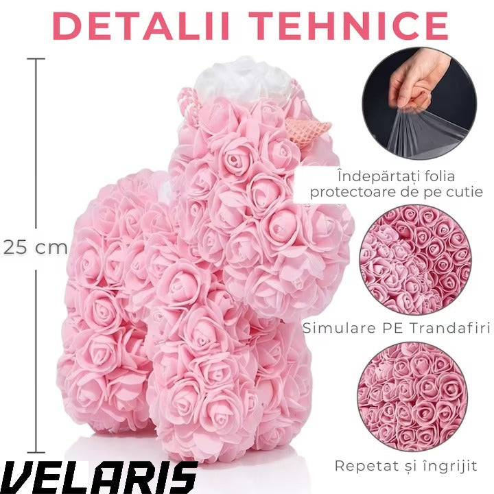 Unicorn decorativ din trandafiri roz cadou elegant lucrat manual spuma premium 25 cm cutie inclusa