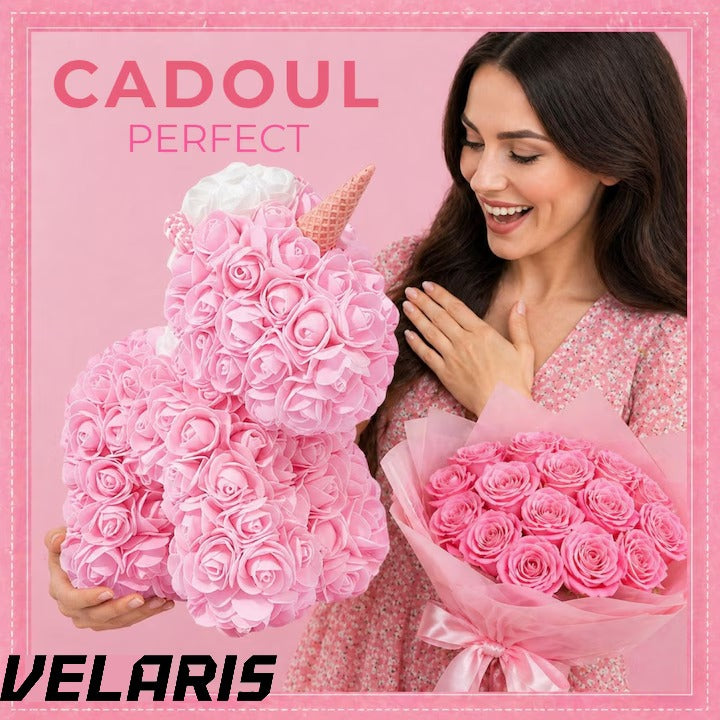 Unicorn decorativ din trandafiri roz cadou elegant lucrat manual spuma premium 25 cm cutie inclusa