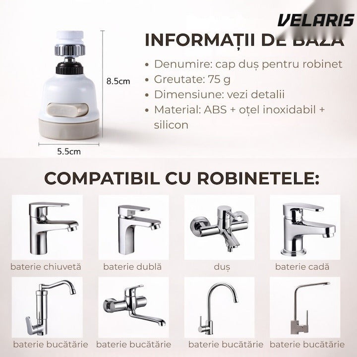 Cap de robinet universal pentru chiuvetă, 3 moduri jet, rotație 360°, alb/bej