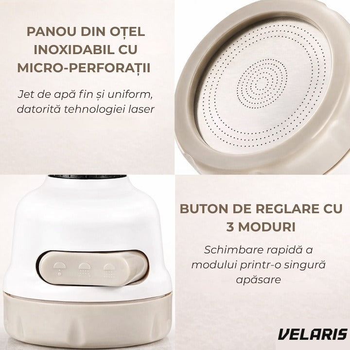 Cap de robinet universal pentru chiuvetă, 3 moduri jet, rotație 360°, alb/bej