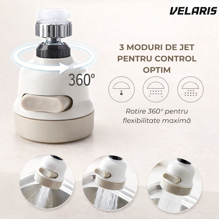 Cap de robinet universal pentru chiuvetă, 3 moduri jet, rotație 360°, alb/bej