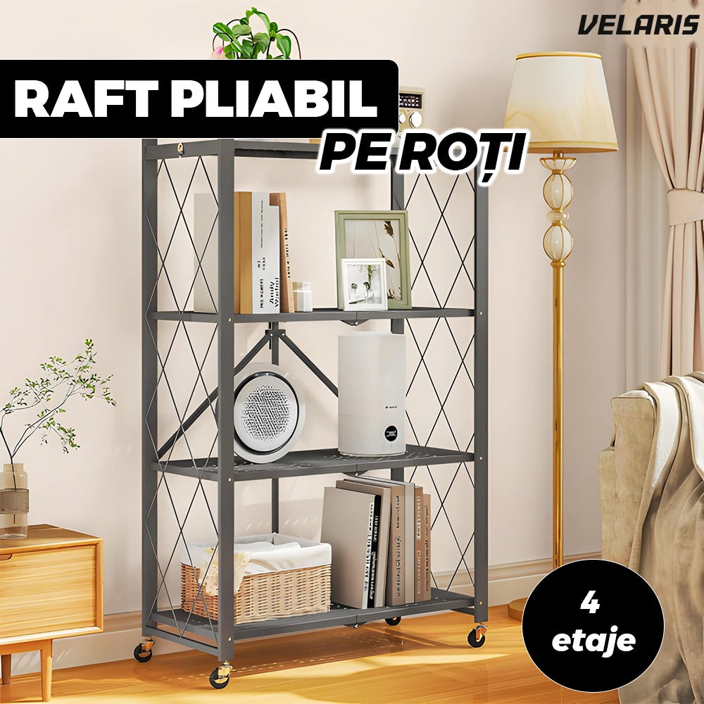 Raft universal metalic, 4 rafturi, pliabil, pe roți, negru, 119 cm