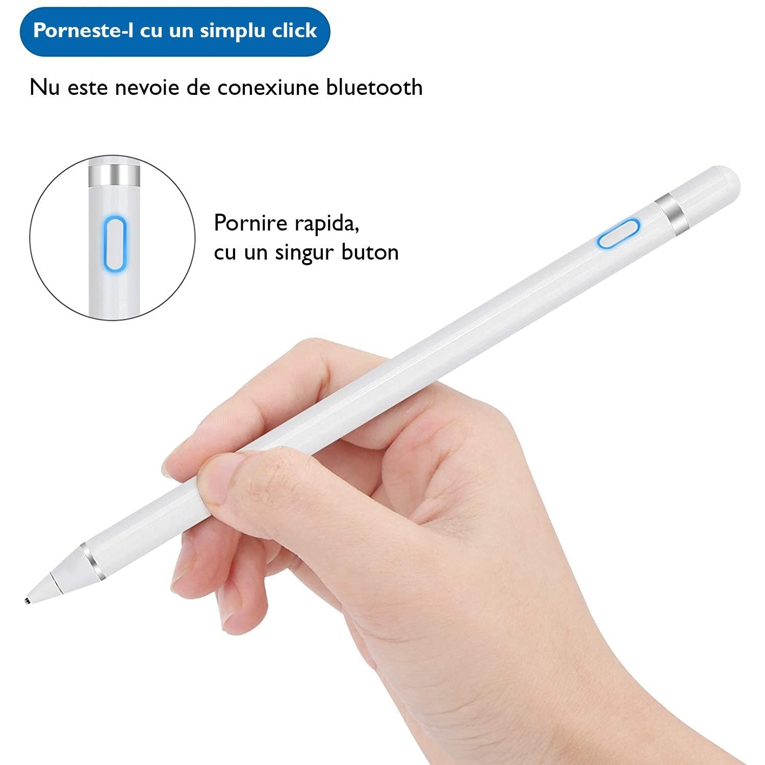 Stylus universal magnetic pentru tablete, alb, cu palmă rejectare