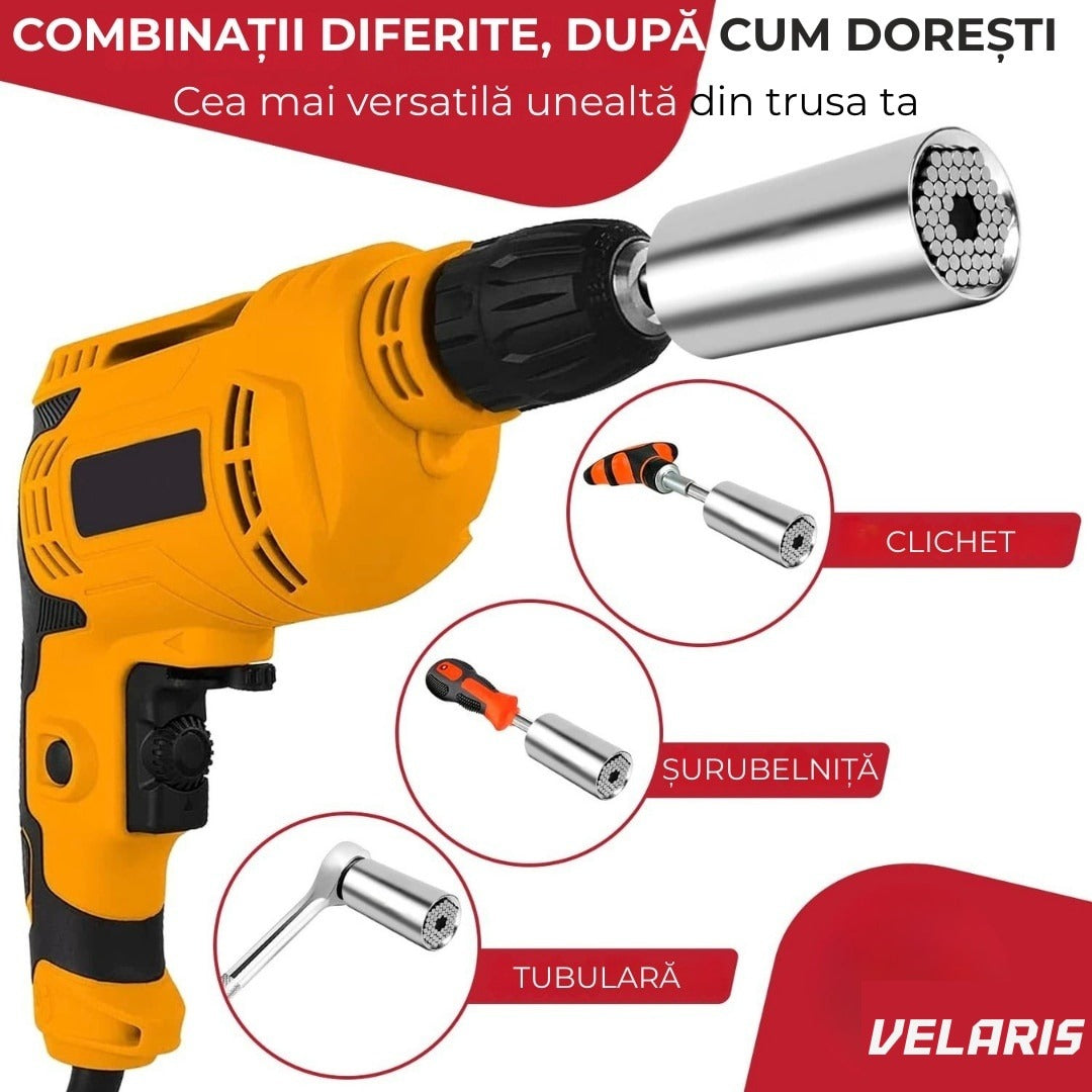 Adaptor cheie universală 7-19 mm, pini metal reglabili, oțel aliaj, pentru burghiu
