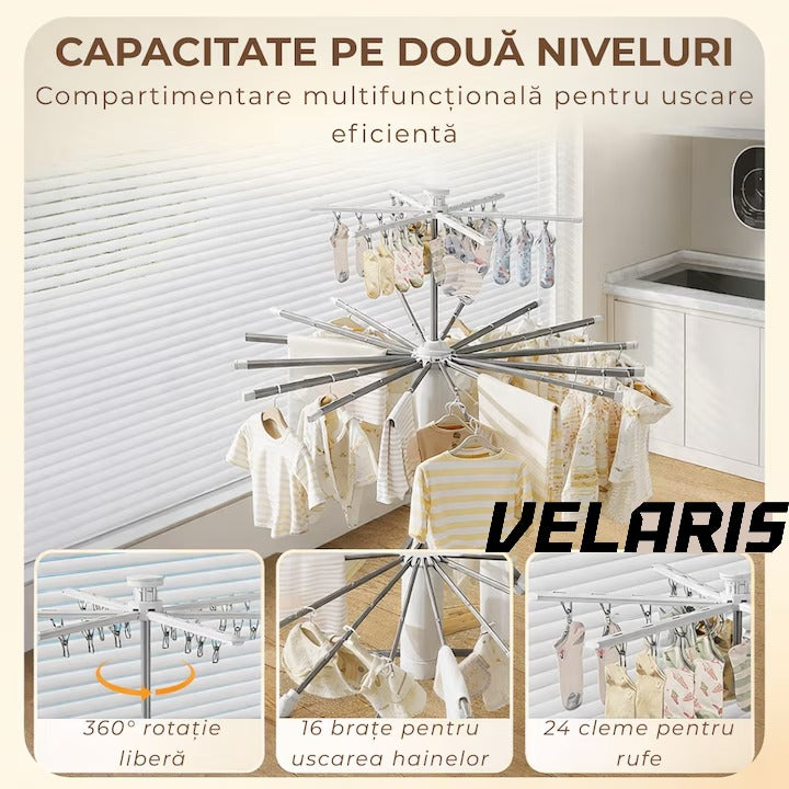 Uscator de rufe vertical, 2 nivele, pliabil, mobil, suport umerase, 16 tije, 24 cleme, 170 cm, uscare 360°